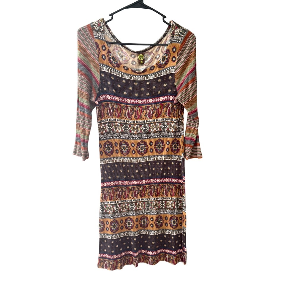 24/7 Comfort Apparel Womens Boho Paisley Rib Knit 3/4 Sleeve Sheath Dress L‎